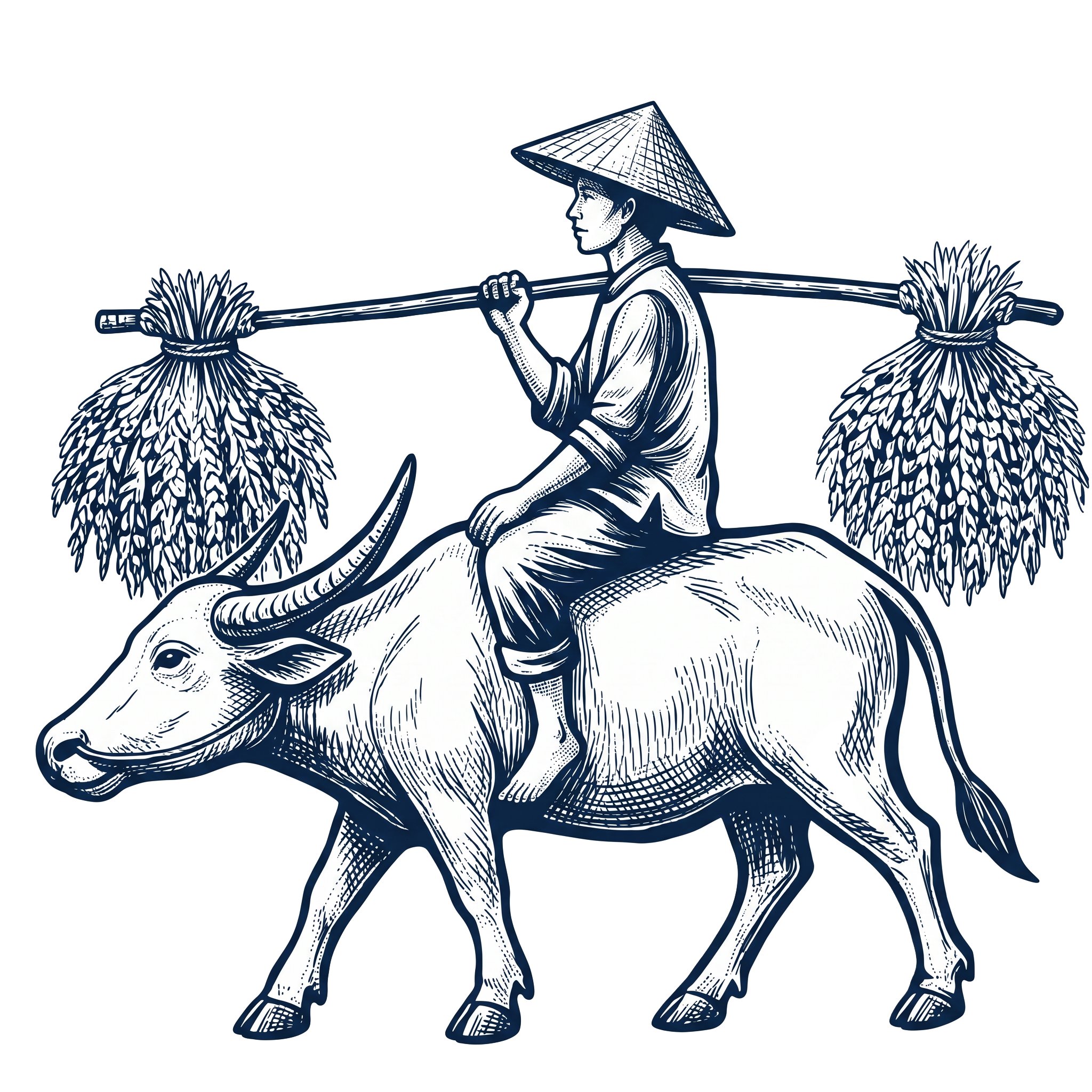 Kalabaw Harvest navy brand mark — farmer with carabao