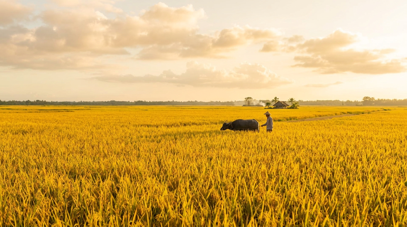 A Filipino farmer riding a carabao through ripe golden rice fields at harvest